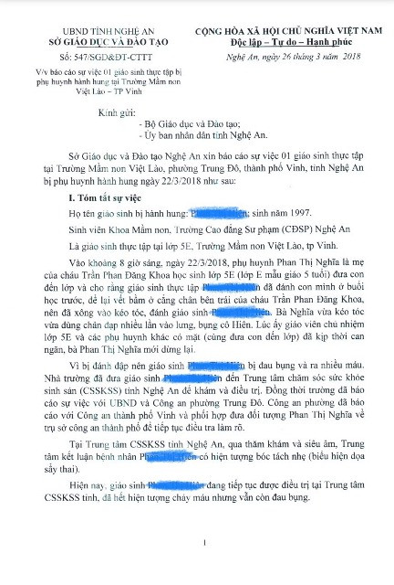 Báo cáo của Sở GD&ĐT Nghệ An về sự việc