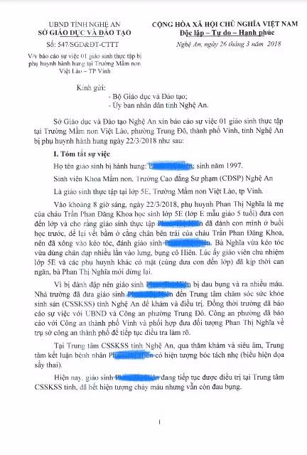Báo cáo của Sở GD&ĐT Nghệ An về sự việc