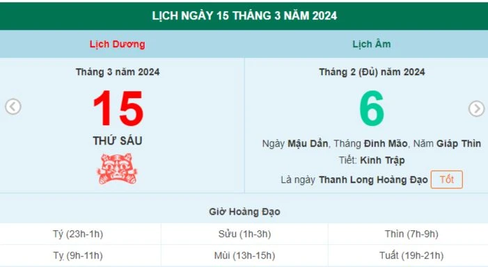 Lịch âm hôm nay - Xem lịch âm ngày 15/3