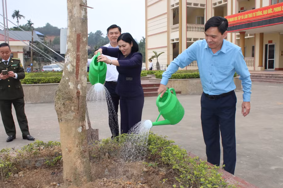 Bà Nguyễn Thúy Hằng, Ủy viên BCH Đảng bộ, Phó Chủ tịch UBND huyện Phú Lương cùng các đại biểu trồng cây đầu xuân.