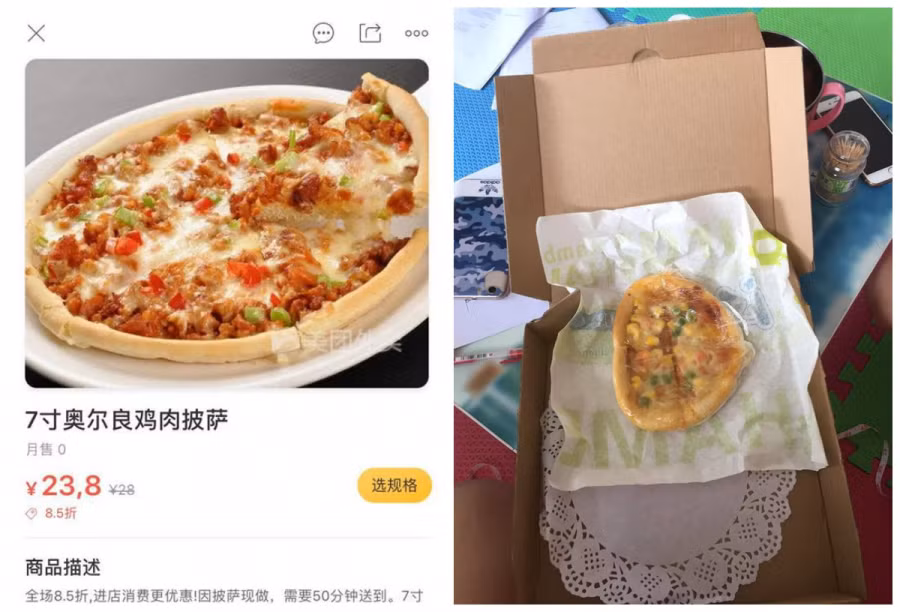 Chiếc bánh pizza trên mạng và thực tế nhận được.