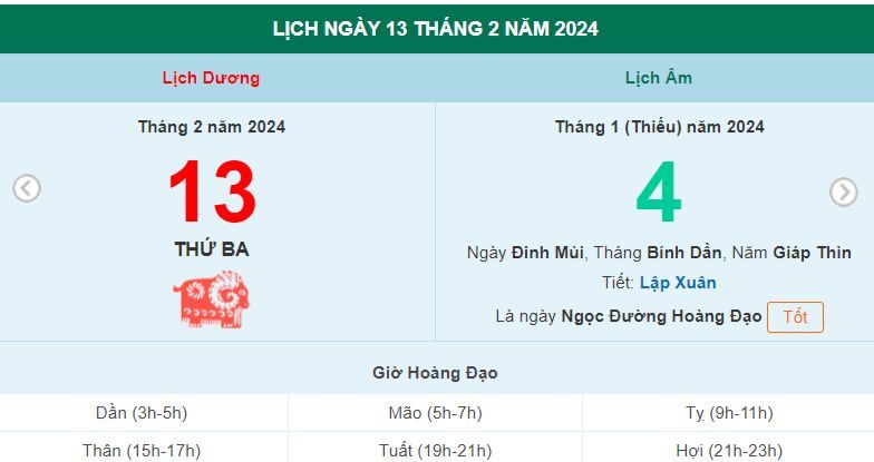 Lịch âm hôm nay - Xem lịch âm ngày 13/2