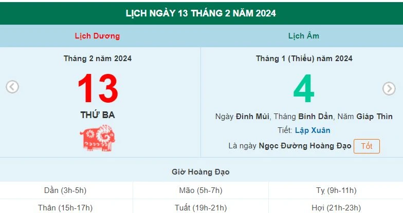 Lịch âm hôm nay - Xem lịch âm ngày 13/2