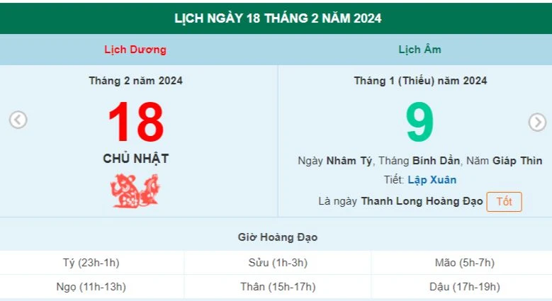 Lịch âm hôm nay - Xem lịch âm ngày 18/2