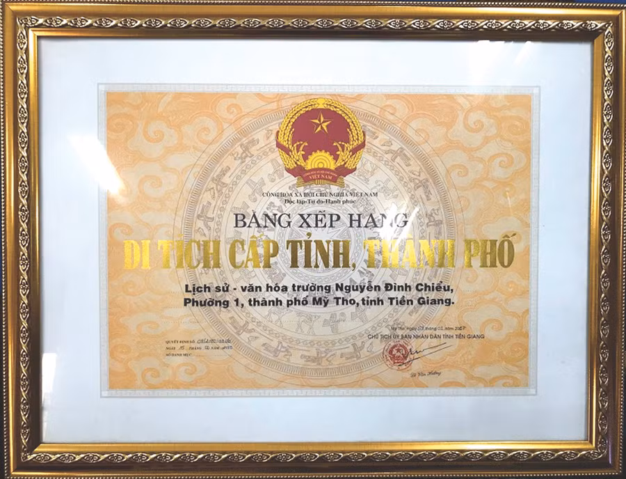 Trường được nhận Bằng xếp hạng di tích cấp tỉnh, thành phố
