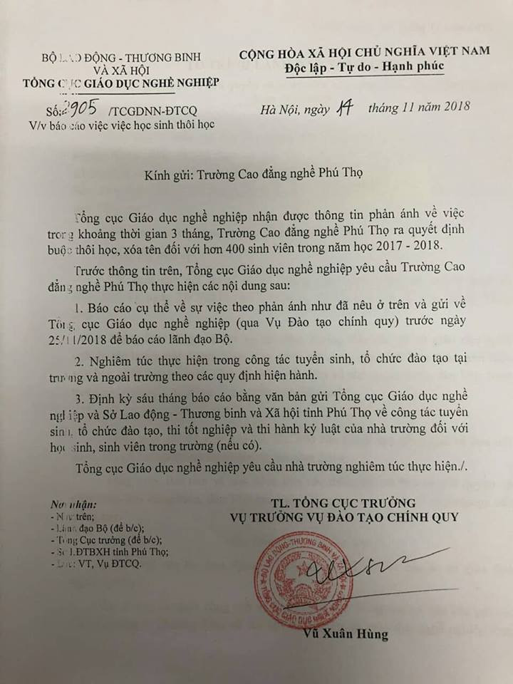 Văn bản yêu cầu Trường CĐ Nghề Phú Thọ báo cáo sự việc gửi về Tổng cục GDNN trước ngày 25/11/2018 Văn bản yêu cầu Trường CĐ Nghề Phú Thọ báo cáo sự việc gửi về Tổng cục GDNN trước ngày 25/11/2018