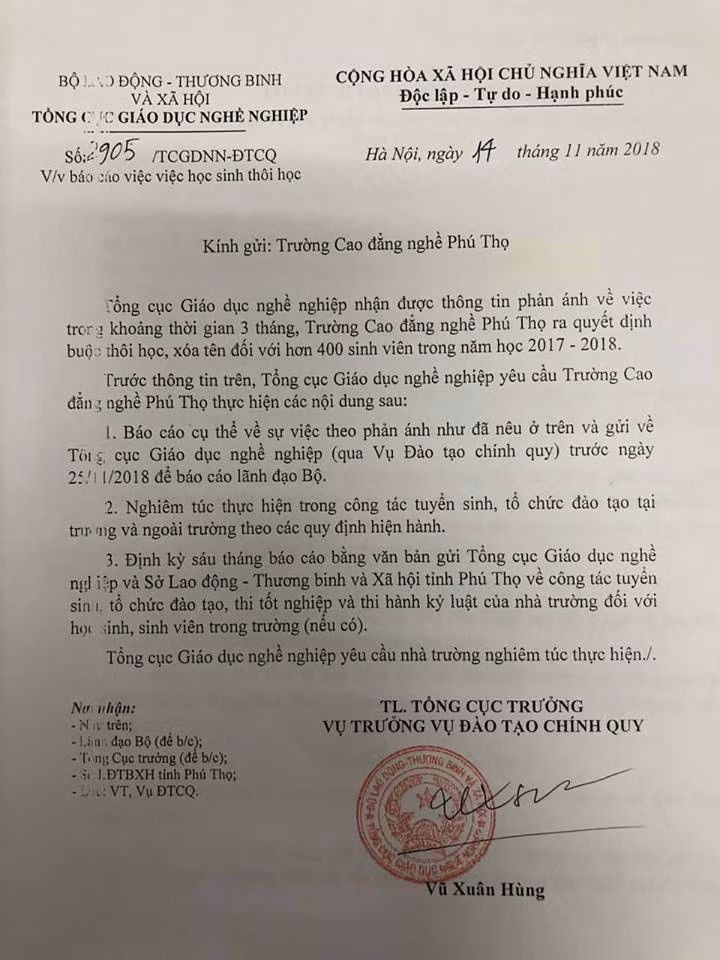Văn bản yêu cầu Trường CĐ Nghề Phú Thọ báo cáo sự việc gửi về Tổng cục GDNN trước ngày 25/11/2018