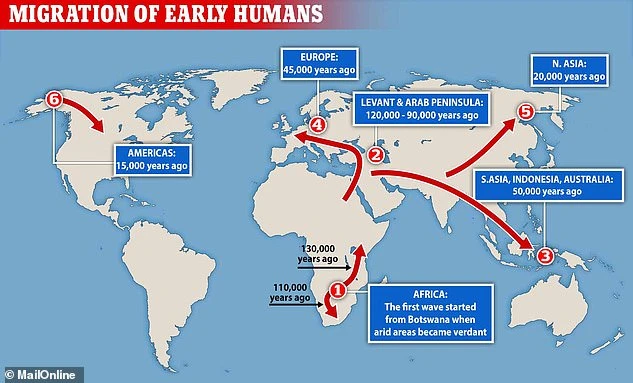 Một bản đồ hiển thị các niên đại tương đối mà con người đặt chân đến các châu lục khác nhau, bao gồm cả châu Âu cách đây 45.000 năm. Tất cả nhân loại bắt đầu ở châu Phi và di chuyển đến Levant khoảng 120.000 năm trước.