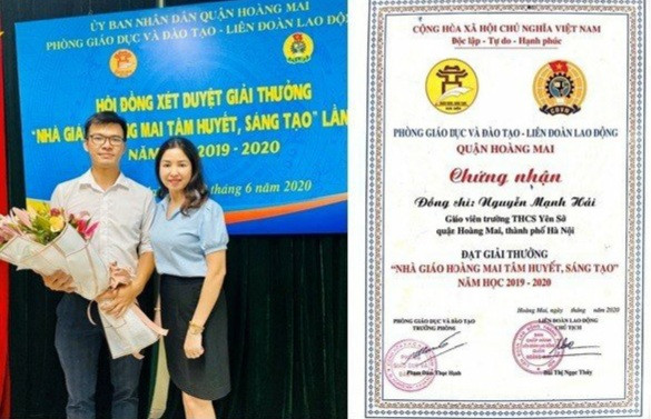 Thầy Nguyễn Mạnh Hải được công nhận danh hiệu "Nhà giáo Hoàng Mai tâm huyết, sáng tạo" năm học 2019-2020. Thầy Nguyễn Mạnh Hải được công nhận danh hiệu "Nhà giáo Hoàng Mai tâm huyết, sáng tạo" năm học 2019-2020.