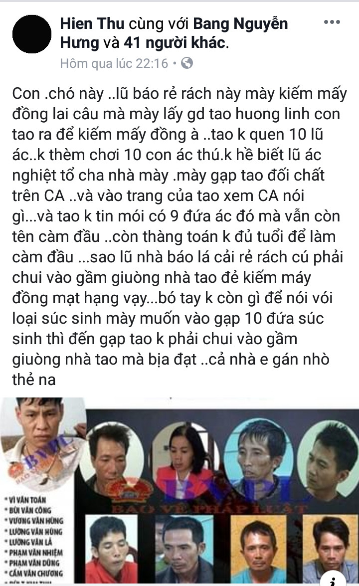 Một status dùng những lời lẽ cay nghiệt, lăng mạ báo chí khi xuất hiện bài báo thông tin về việc một số đối tượng khai nhận bà Hiền từng nợ tiền đối tượng Vì Văn Toán nhưng không trả nên mới dẫn đến vụ án Cao Mỹ Duyên Một status dùng những lời lẽ cay nghiệt, lăng mạ báo chí khi xuất hiện bài báo thông tin về việc một số đối tượng khai nhận bà Hiền từng nợ tiền đối tượng Vì Văn Toán nhưng không trả nên mới dẫn đến vụ án Cao Mỹ Duyên