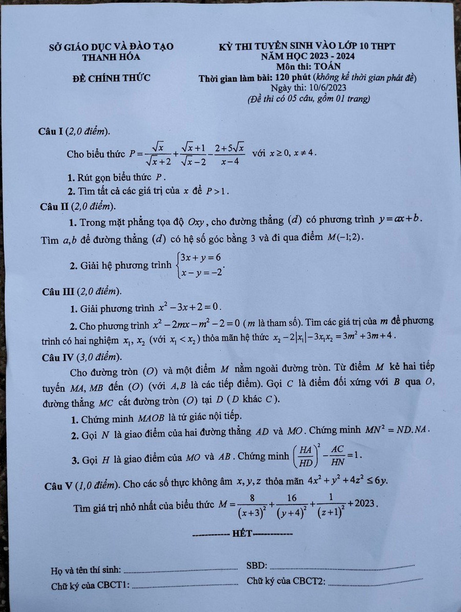 Đề thi môn Toán vào lớp 10 tại Thanh Hoá. Đề thi môn Toán vào lớp 10 tại Thanh Hoá.