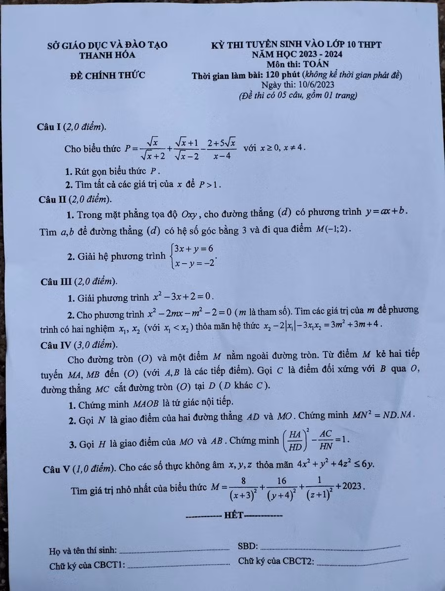 Đề thi môn Toán vào lớp 10 tại Thanh Hoá.