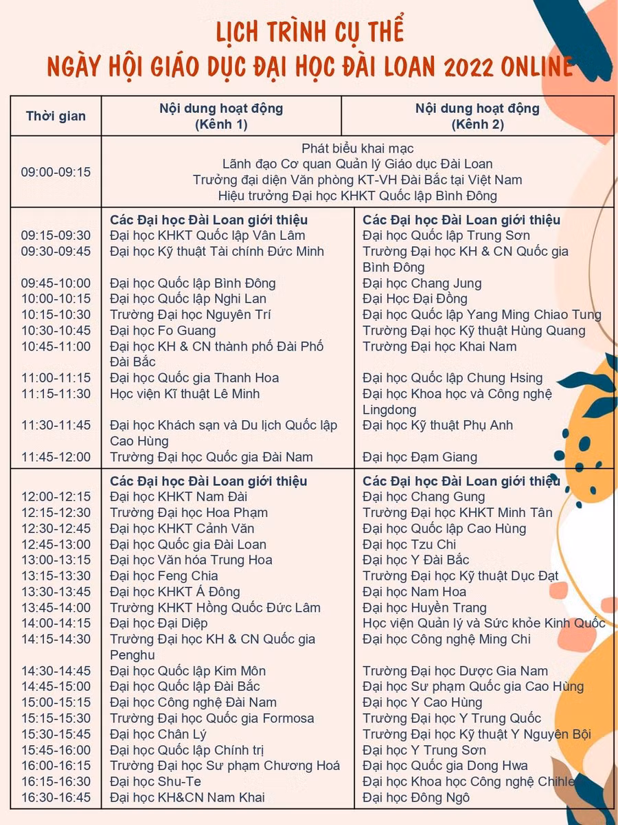 Danh sách và lịch trình cụ thể Ngày hội Giáo dục Đại học Đài Loan 2022