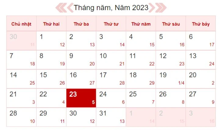 Xem lịch âm ngày 23/5/2023