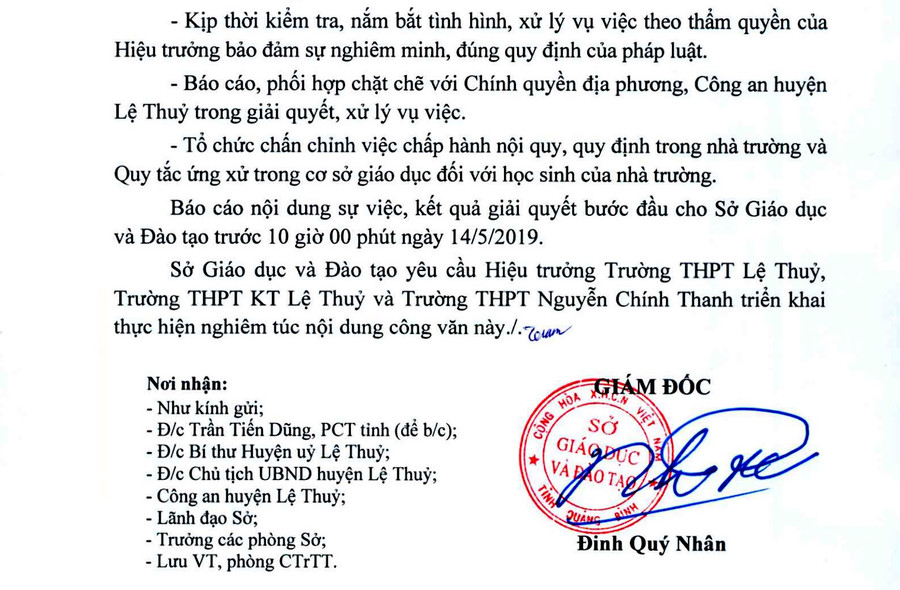 Nội dung văn bản chỉ đạo các trường của Sở GD&ĐT Quảng Bình