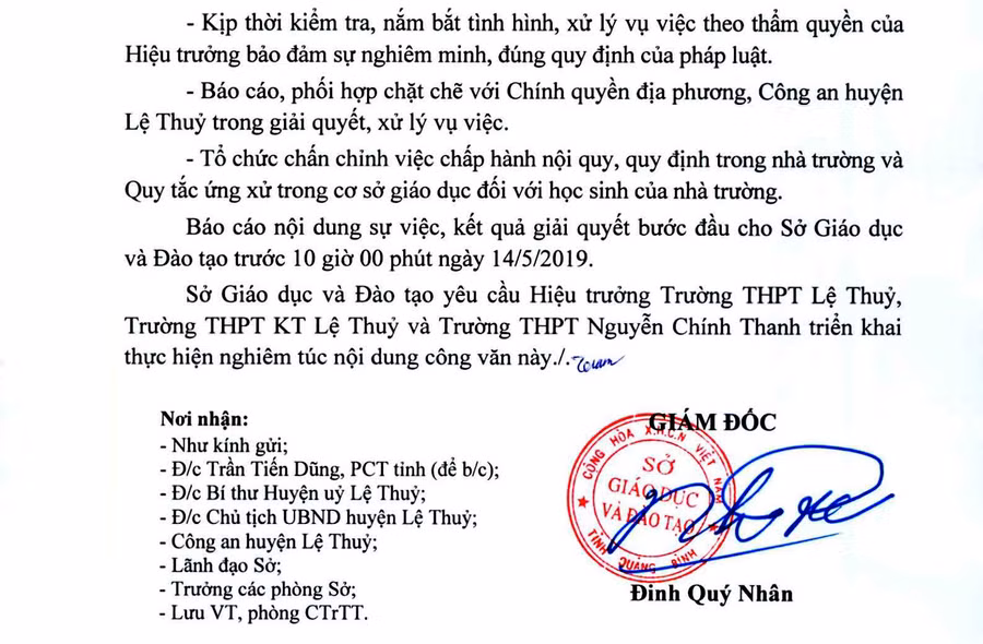 Nội dung văn bản chỉ đạo các trường của Sở GD&ĐT Quảng Bình