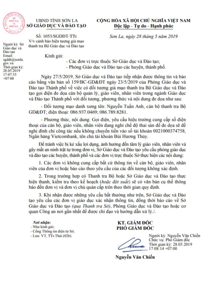 Văn bản cảnh báo của Sở GD&ĐT Sơn La. Văn bản cảnh báo của Sở GD&ĐT Sơn La.