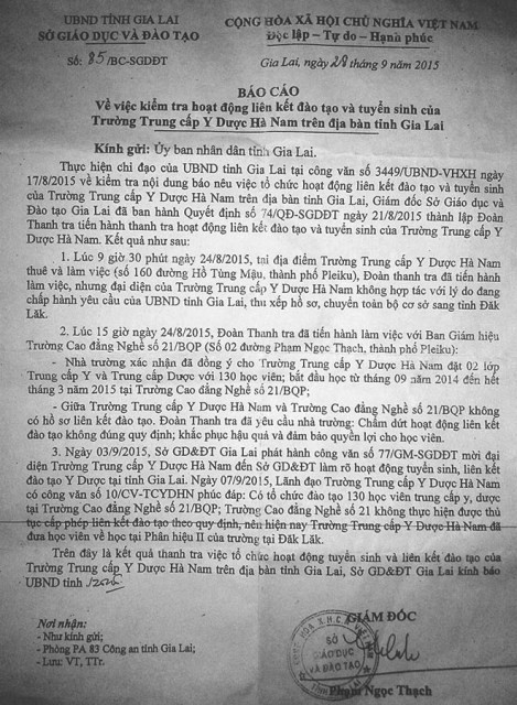 Báo cáo kiểm tra của Sở GD&ĐT Gia Lai về những sai phạm của trường.