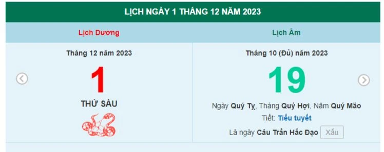 Lịch âm hôm nay - Xem lịch âm ngày 1/12/2023