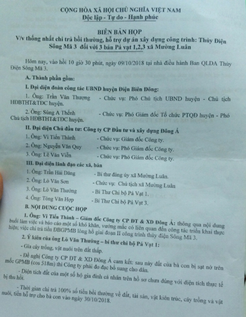 Biên bản họp thống nhất sẽ thanh toán cho nhân dân 3 bản Pá Vạt 1, 2, 3 vào ngày 30/10/2018 Biên bản họp thống nhất sẽ thanh toán cho nhân dân 3 bản Pá Vạt 1, 2, 3 vào ngày 30/10/2018
