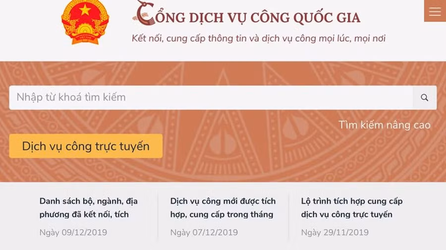 Giao diện CổngDịch vụ công quốc gia (https://dichvucong.gov.vn/)