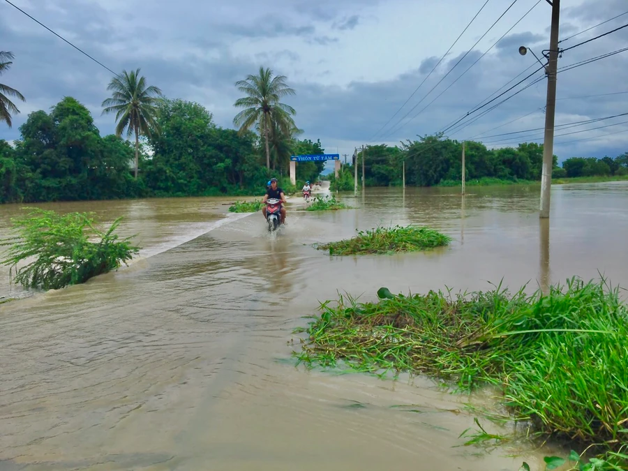 Sáng nay tại tuyến đường dẫn vào thôn Từ Tâm, xã Phước Hải, huyện Ninh Phước bị ngập cục bộ. (Ảnh: Quốc Hải).