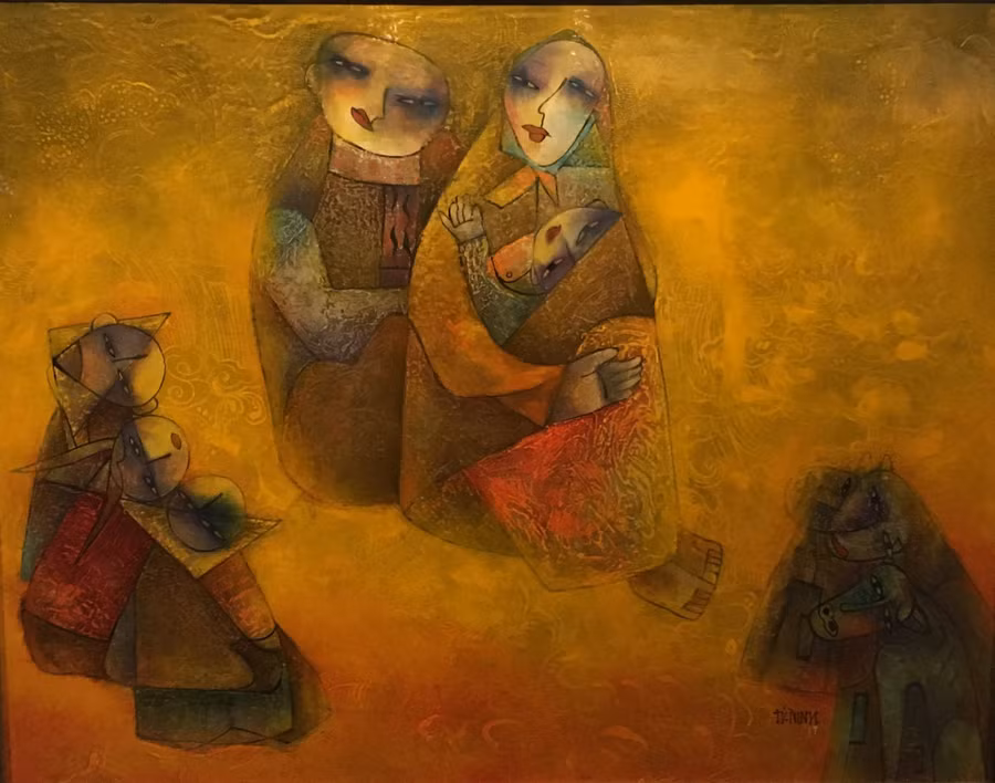 Tác phẩm Góc sân nhà (chất liệu sơn mài) của họa sĩ Từ Ninh