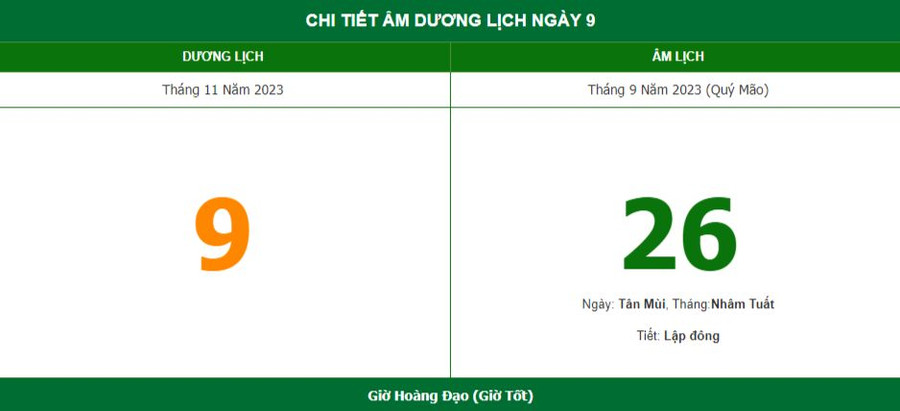 Xem lịch âm hôm nay ngày 9/11/2023. 