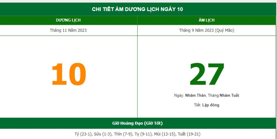 Xem lịch âm hôm nay ngày 10/11/2023.
