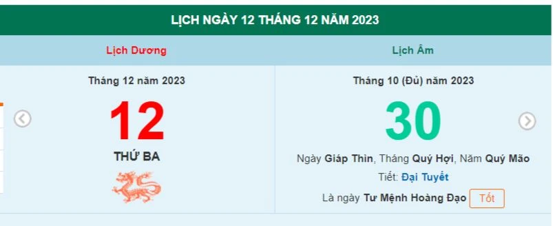 Lịch âm hôm nay - Xem lịch âm ngày 12/12/2023