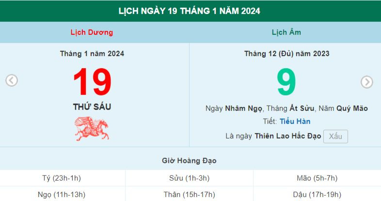 Lịch âm hôm nay - Xem lịch âm ngày 19/1