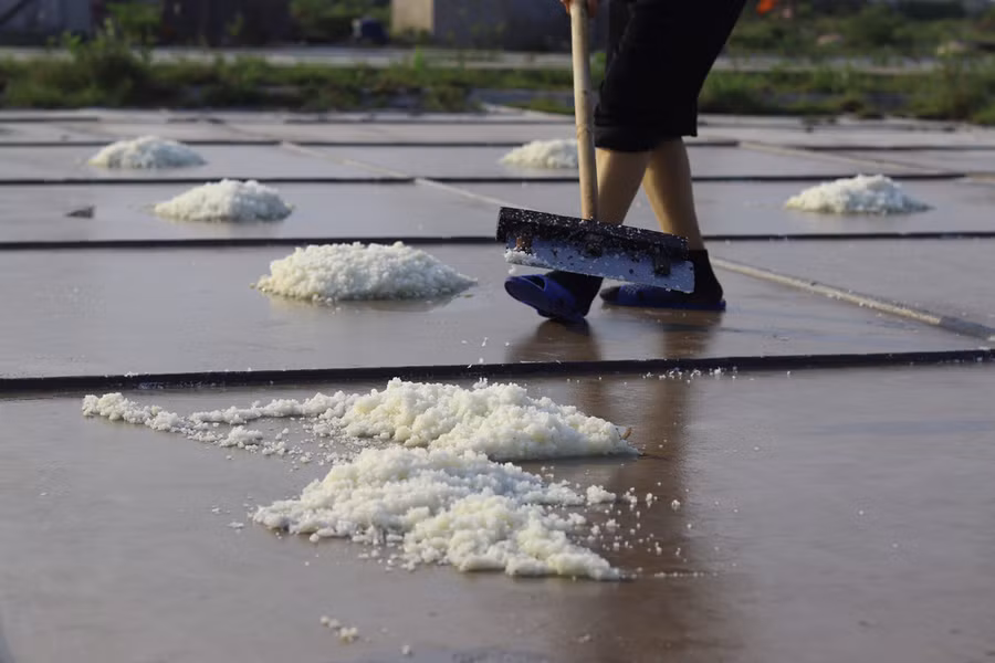 Đang là mùa thu hoạch nên diêm dân tranh thủ lúc nắng nóng nhất để ra đồng. Họ mang theo xẻng, bàn đẩy, gáo múc nước, rổ đựng ra ruộng muối làm việc. Ảnh: LT.