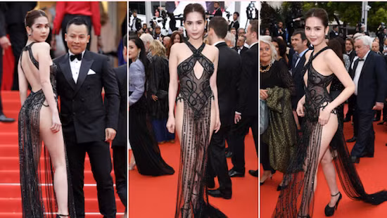 Ngọc Trinh gây tranh cãi trên mạng xã hội vì phong cách phản cảm ở Cannes.