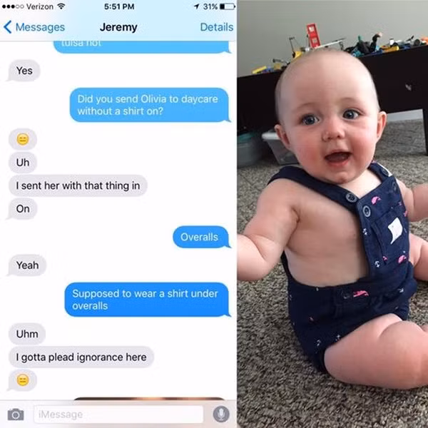 Ông bố đã mặc áo yếm cho con như này và hồn nhiên gửi con đi nhà trẻ. Đối với bố, áo là áo, mặc áo rồi thì cần gì mặc thêm áo ở bên trong nữa, kể cả là áo yếm.