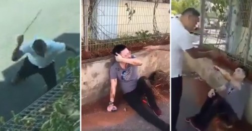 Người đàn ông có tuổi cầm roi quất anh thanh niên trẻ, và không mừng mắng anh ta là "con rể tồi tệ". Người đàn ông có tuổi cầm roi quất anh thanh niên trẻ, và không mừng mắng anh ta là con rể tồi tệ. Ảnh: thecoverage.