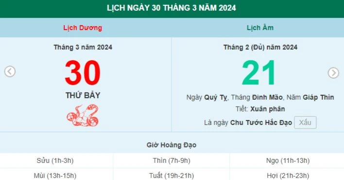 Lịch âm hôm nay - Xem lịch âm ngày 30/3