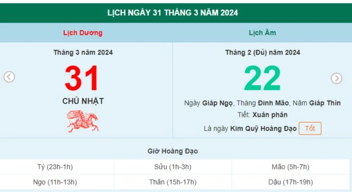 Lịch âm hôm nay - Xem lịch âm ngày 31/3