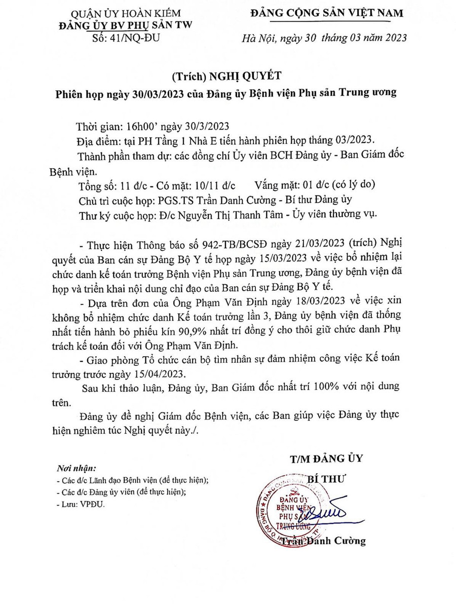 Văn bản trích Nghị quyết họp của Bệnh viện Phụ sản Trung ương về việc bổ nhiệm lại chức danh Kế toán trưởng. Văn bản trích Nghị quyết họp của Bệnh viện Phụ sản Trung ương về việc bổ nhiệm lại chức danh Kế toán trưởng.