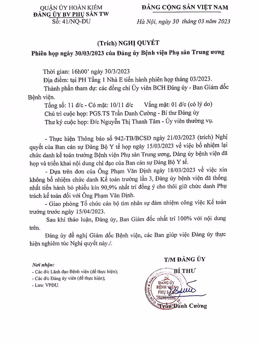 Văn bản trích Nghị quyết họp của Bệnh viện Phụ sản Trung ương về việc bổ nhiệm lại chức danh Kế toán trưởng.