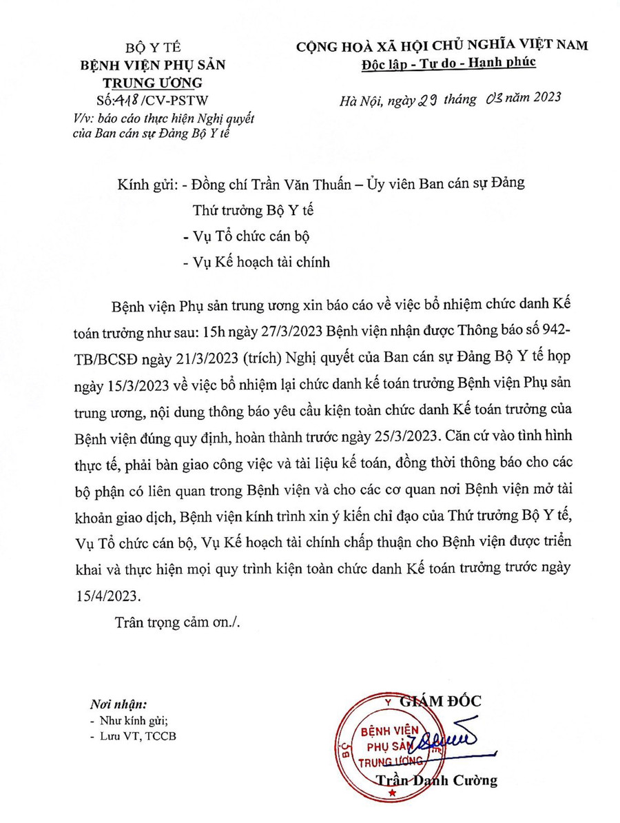 Công văn của Bệnh viện Phụ sản Trung ương báo cáo Thứ trưởng Bộ Y tế, Vụ Tổ chức cán bộ và Vụ Kế hoạch tài chính. Công văn của Bệnh viện Phụ sản Trung ương báo cáo Thứ trưởng Bộ Y tế, Vụ Tổ chức cán bộ và Vụ Kế hoạch tài chính.
