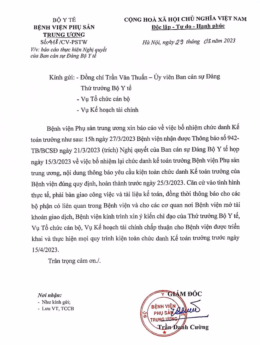 Công văn của Bệnh viện Phụ sản Trung ương báo cáo Thứ trưởng Bộ Y tế, Vụ Tổ chức cán bộ và Vụ Kế hoạch tài chính.