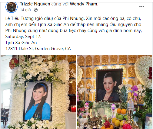 Trizzie Phương Trinh thông báo lễ giỗ đầu tại Mỹ của Phi Nhung.