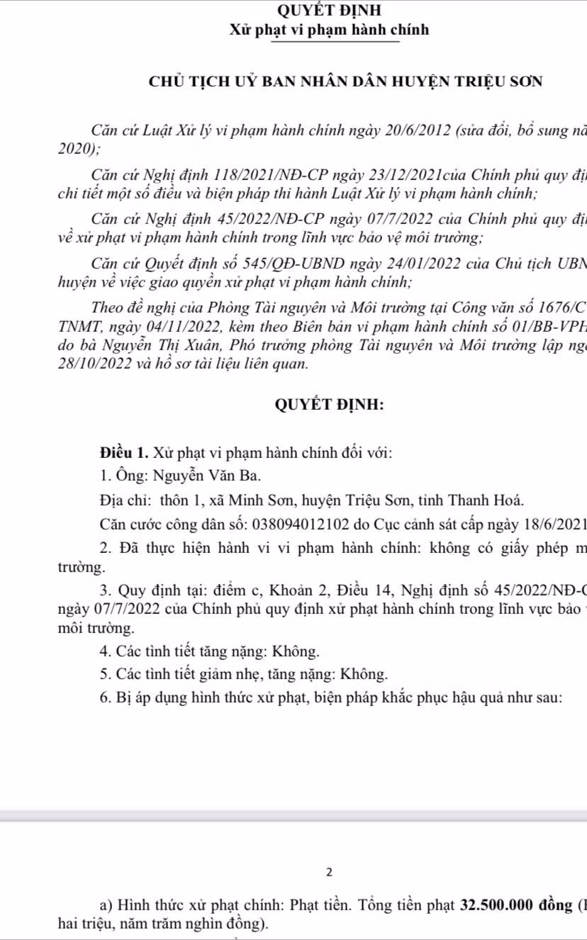 Quyết định của UBND huyện Triệu Sơn về xử phạt hộ ông Nguyễn Văn Ba do cơ sở hoạt động khi không có giấy phép môi trường.