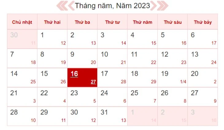 Xem lịch âm ngày 16/5/2023