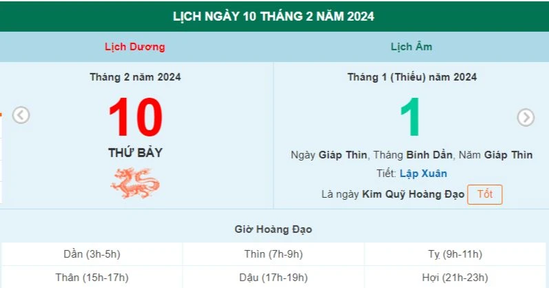 Lịch âm hôm nay - Xem lịch âm ngày 10/2