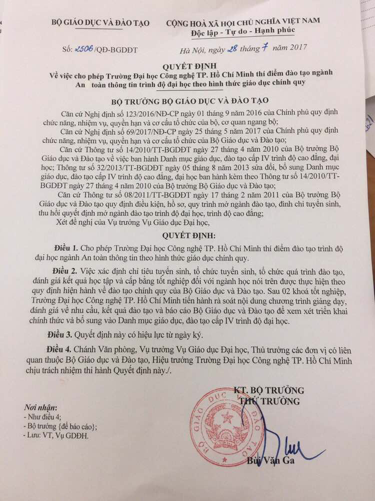 Quyết định do Thứ trưởng Bùi Văn Ga ký cho phép HUTECH được tuyển sinh ngành An toàn thông tin Quyết định do Thứ trưởng Bùi Văn Ga ký cho phép HUTECH được tuyển sinh ngành An toàn thông tin