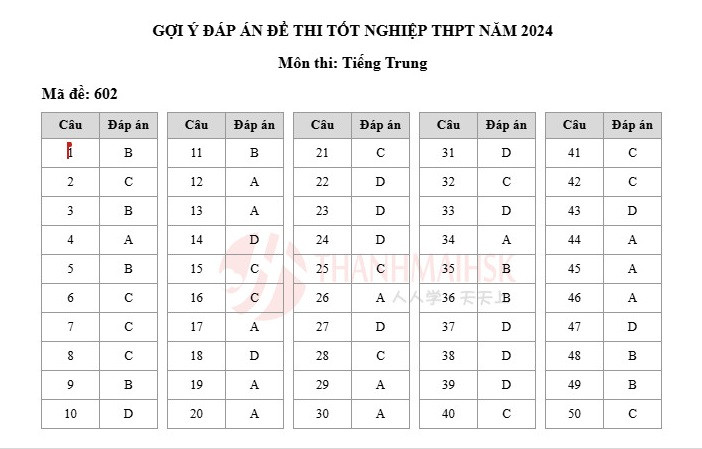 Gợi ý đáp án các mã đề 602 môn Tiếng Trung.