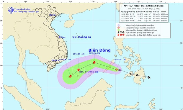 Vị trí và đường đi của áp thấp nhiệt đới. (Nguồn: nchmf.gov.vn).