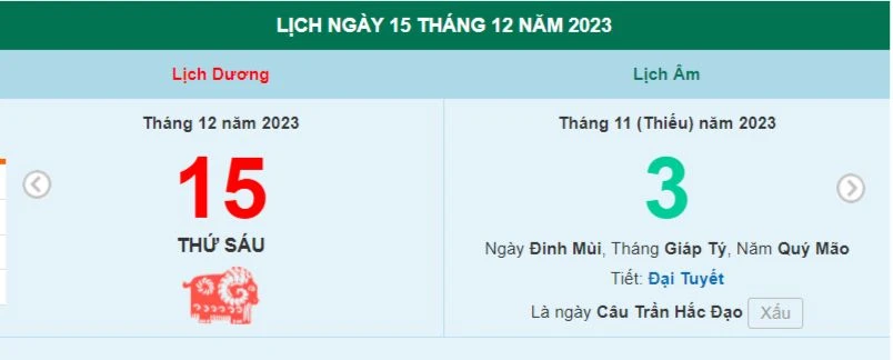 Lịch âm hôm nay - Xem lịch âm ngày 15/12