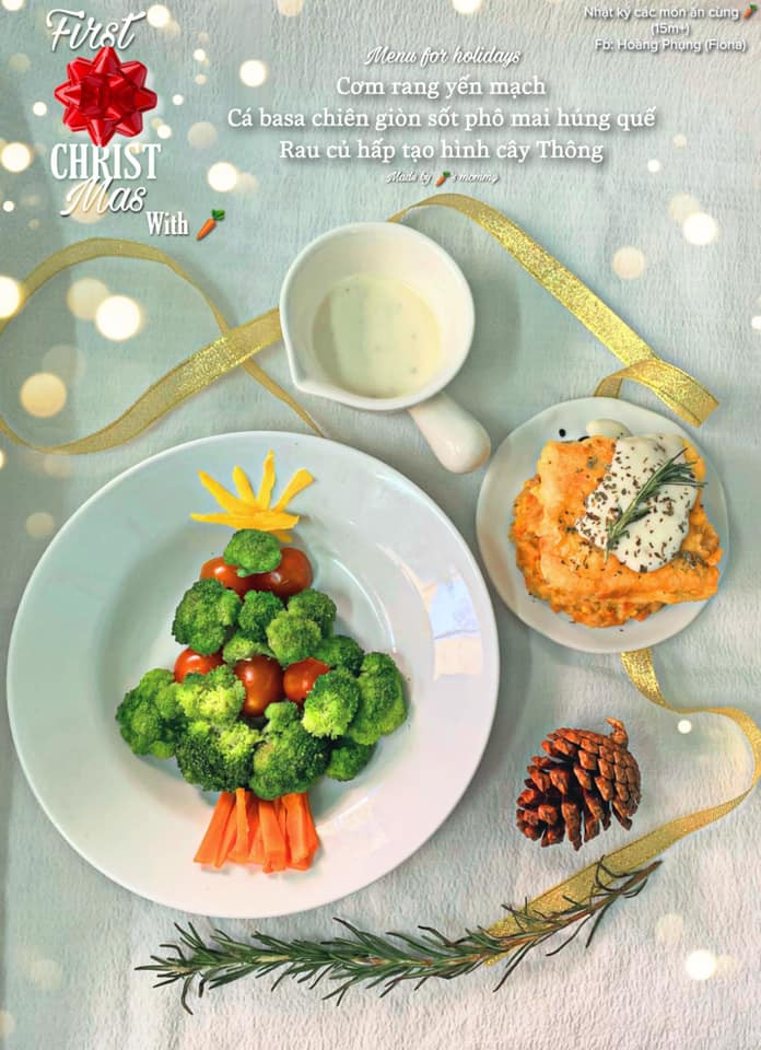 Cơm rang yến mạch, cá ba sa chiên giòn sốt phomai húng quế, rau củ hấp tạo hình cây thông.